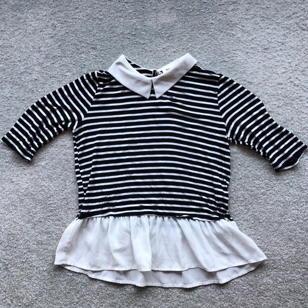 Striped collared peplum quarter sleeve T-shirt.